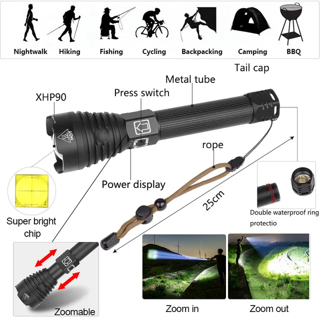 Яркий XHP90 XHP70.2 перезаряжаемый светодиодный фонарик супер мощный фонарь Водонепроницаемый зум охотничий свет использовать 18650 или 26650 Battey