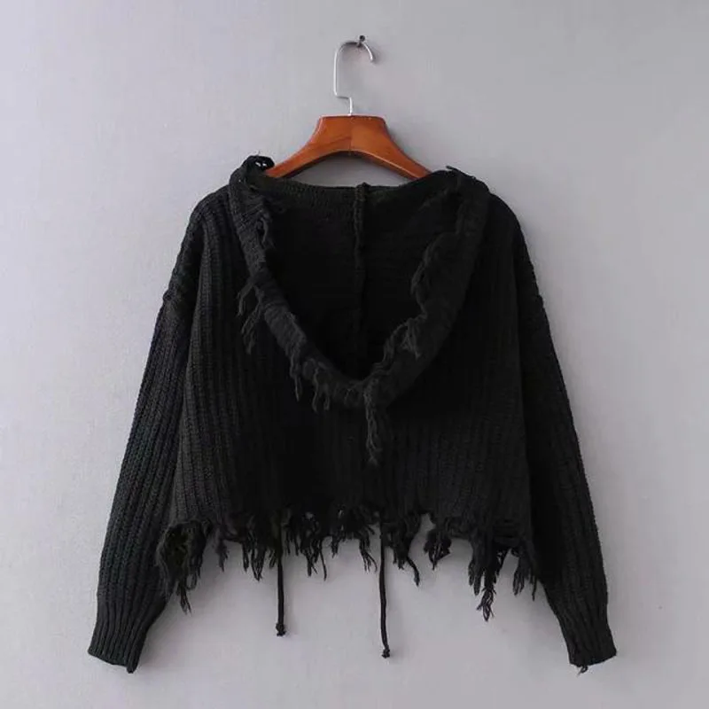Женский вязаный кардиган черный коричневый хаки свитер с капюшоном M0114