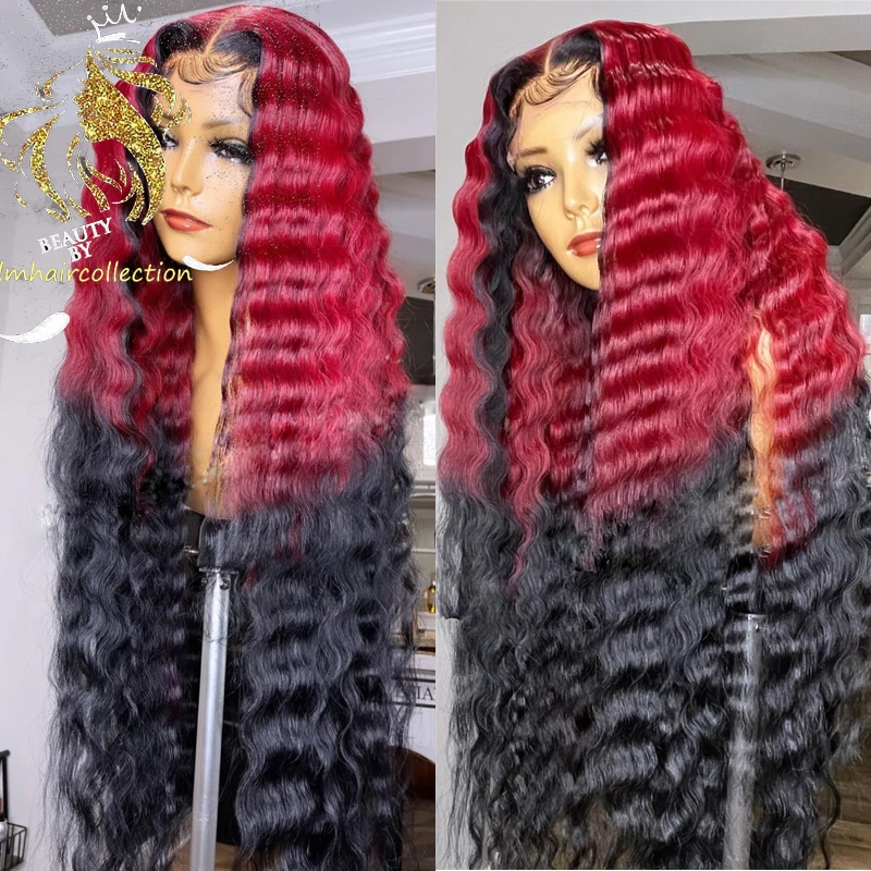 Pelucas de cabello humano con encaje frontal 13x4 para mujer, 180% ombré rojo borgoña, pelucas brasileñas de cabello ondulado rojo Remy prearrancado