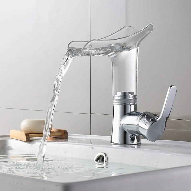Colorful Basin Faucets New Design Waterfall Bathroom Faucet Single Handle Basin Mixer Tap Bath Faucet Solid Acrylic Crane