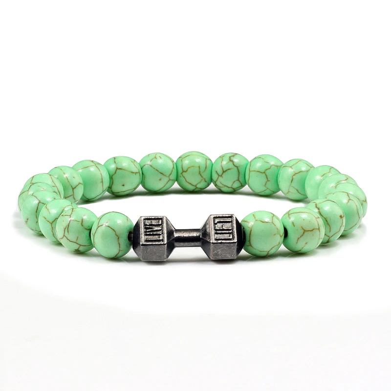 Light Green Шарм Тренажерный Зал Мужчины Браслет фитнес-гантель Turquoises натуральный камень Бусины мужские браслеты женские ювелирные изделия подарок Pulseira hombres - Окраска металла: Light Green