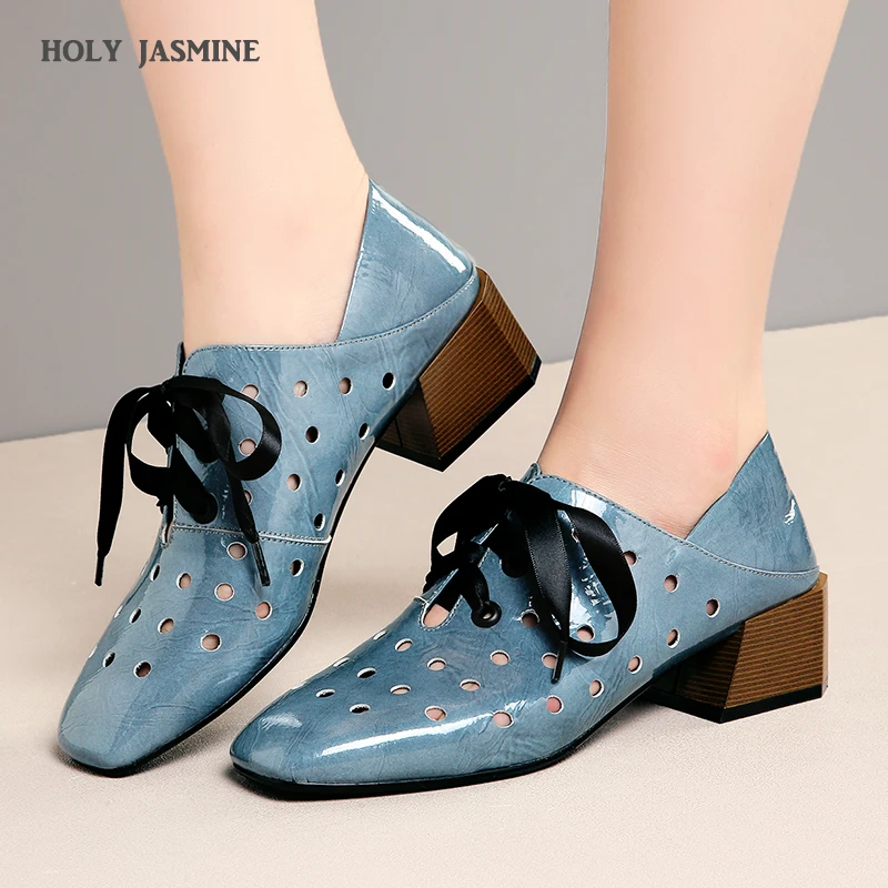 

Smirnova 2020 New Single Shoes Women Square Toe Pumps Patent Leather Lace Up Summer Hollow Out Low Heel Casual Shoes Ladies