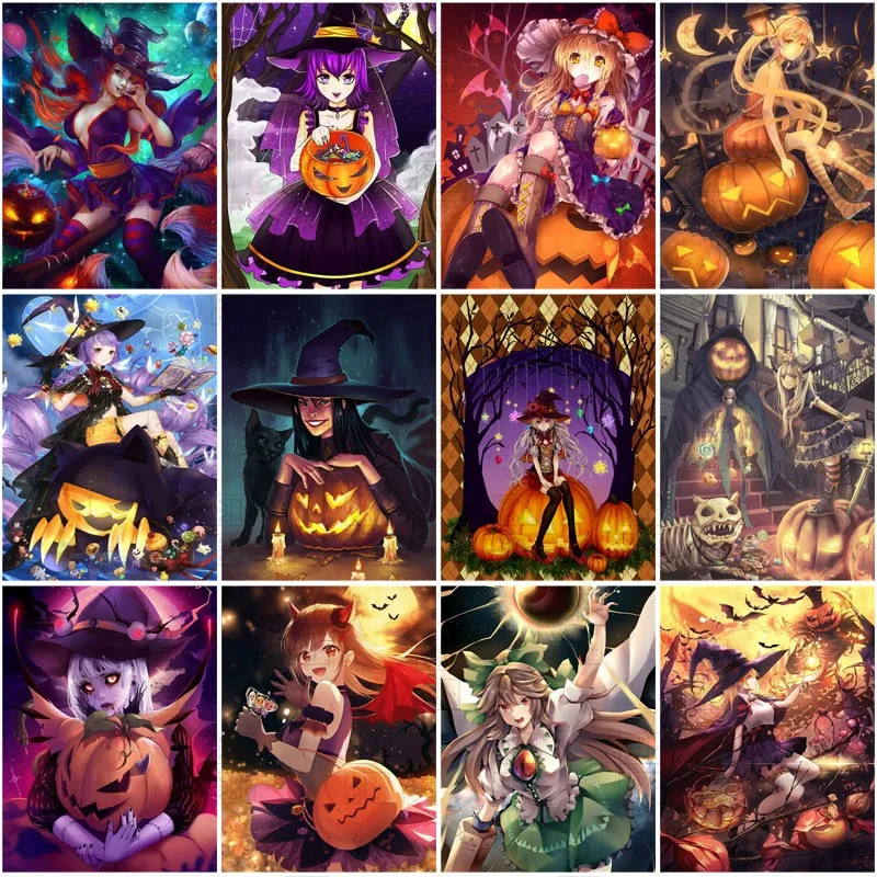 Anime Girl Portrait Diamond Painting 5D Full Square Round Diamond Halloween Pumpkin Embroidery Mosaic Rhinestone Pictures Decor