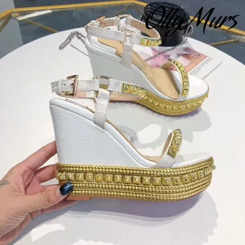 

OllyMur New Spring Summer Sexy Open Toe Platform Women Sandals Studded Buckle Strap High Heel Wedges Shoes Women
