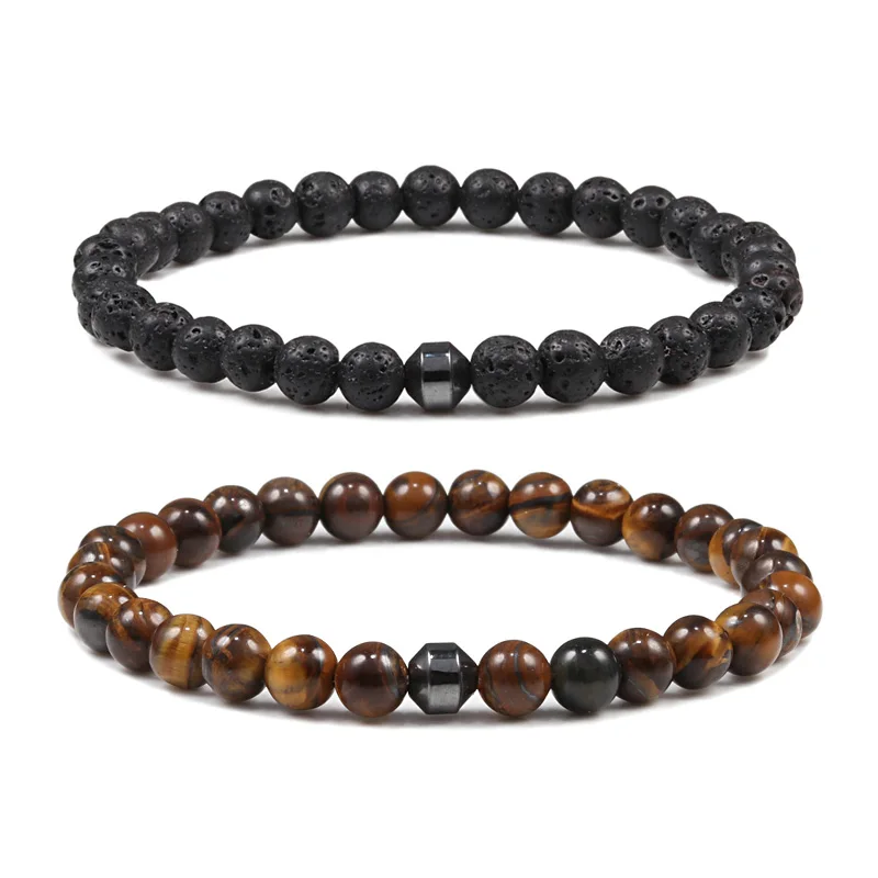 6mm Cylinder Hematite Bracelet Tiger Eye Natural Volcanic Stone Charm Men Women Beaded Bracelets Jewelry Homme pulseras hombre