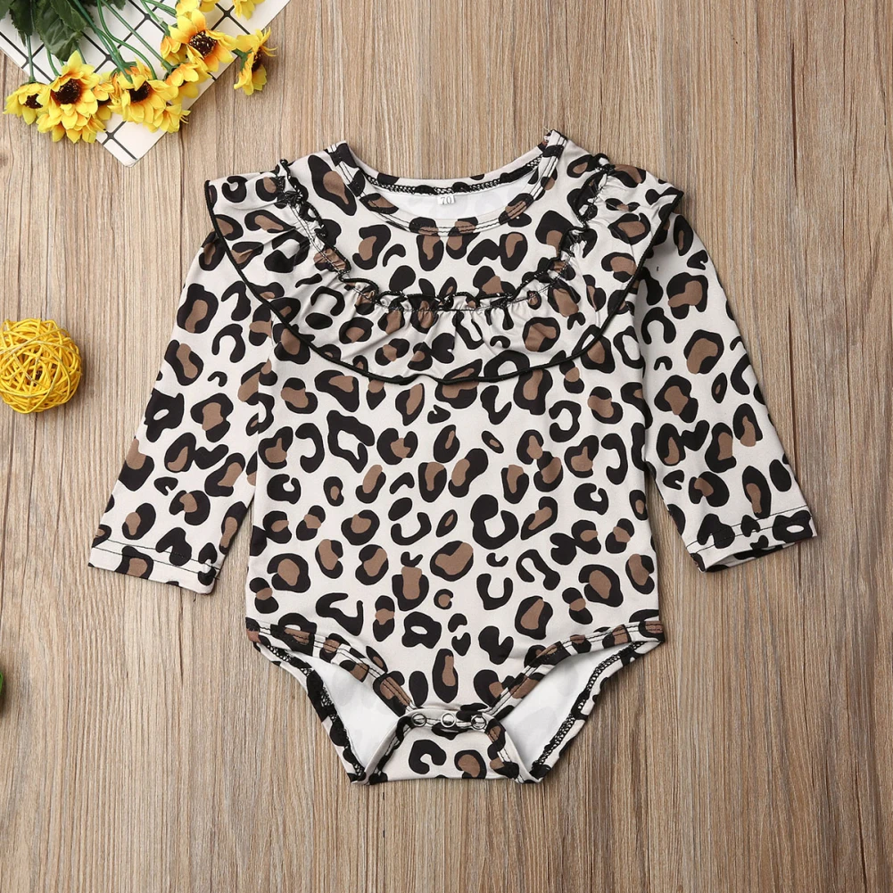 Милые леопардовые для малышей и девочек, с принтом, с оборками, с длинными рукавами, боди, комбинезон, одежда милая осенне-зимняя теплая цельная одежда