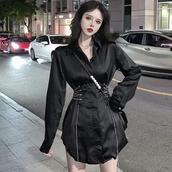 

L 2020 Early Autumn Korean-style CHIC Sense of Design Goddess Fan Cool INS Chain Cardiac Long Sleeve Shirt Dress Women