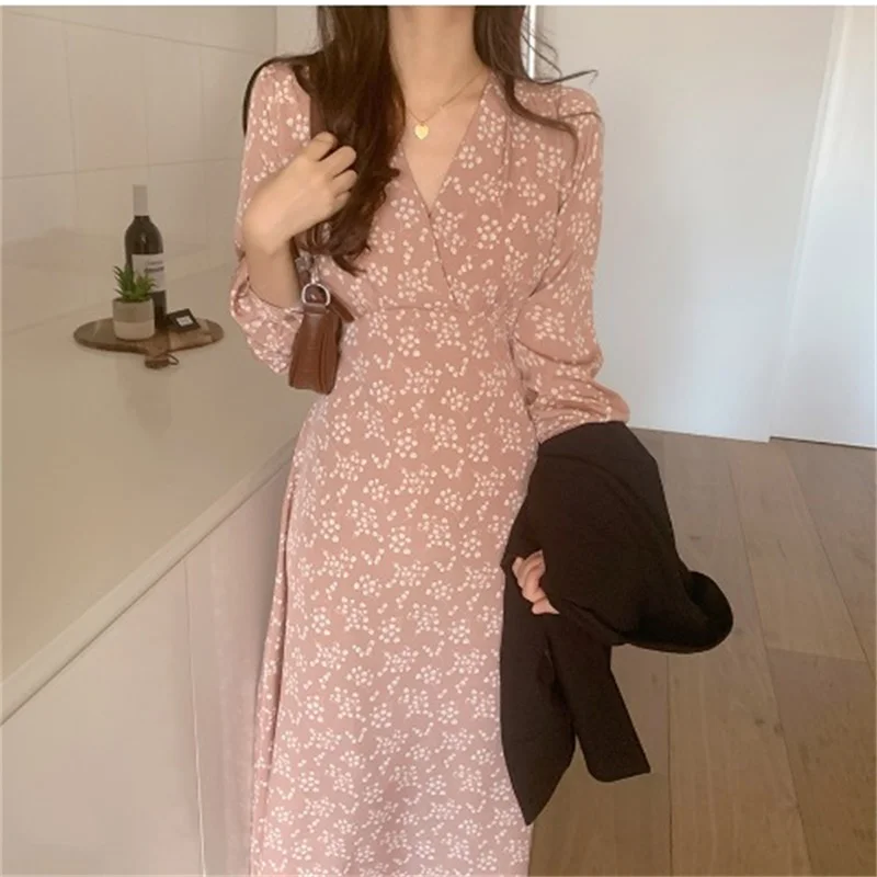 

Dresses for Women 2020 Spring and Autumn New Floral Waist Slimming V-neck Long Sleeve Elegant Women's Dress Vestido De Mujer