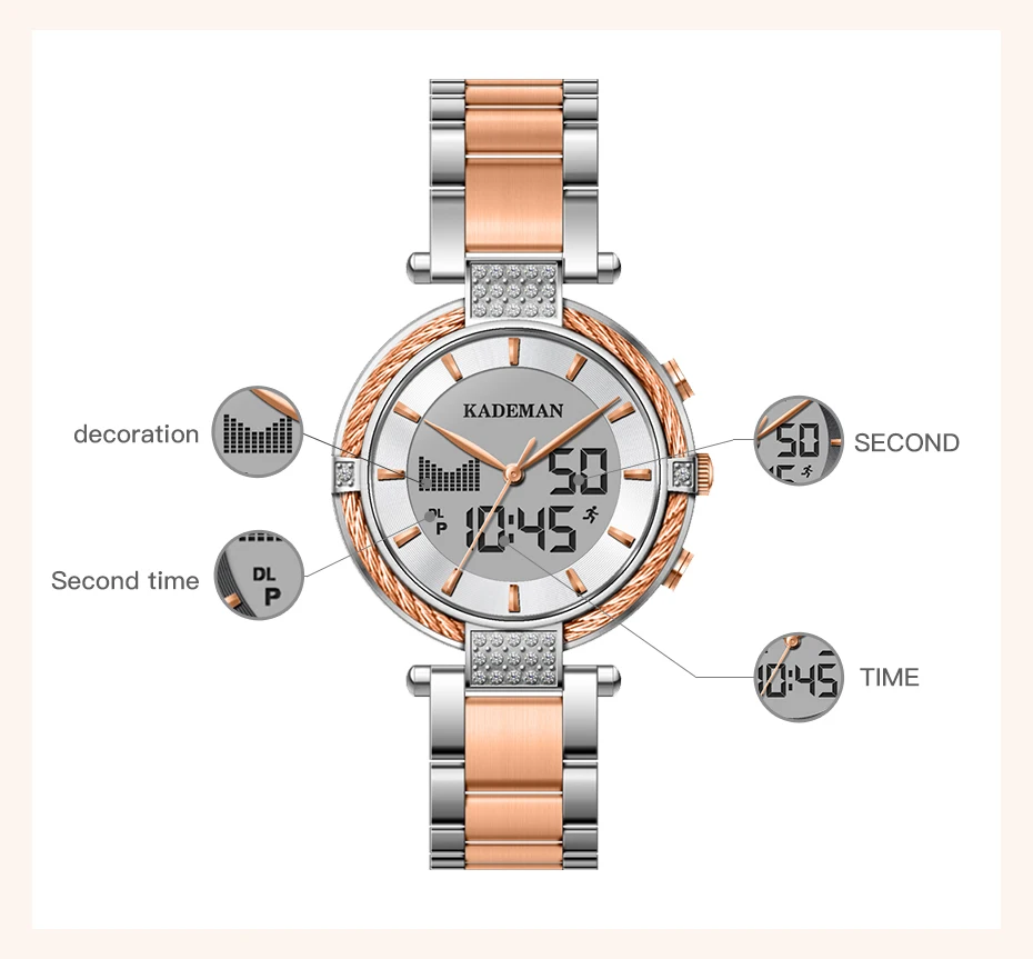 Kademan Relojes Para Mujer модные женские часы цифровой двойной дисплей Кварцевые часы из нержавеющей стали водонепроницаемые наручные часы