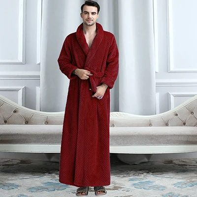 Men Women Winter Extra Long Thicken Grid Flannel Warm Bath Robe Luxury Soft Thermal Bathrobe Mens Dressing Gown Male Sexy Robes - Цвет: Wine Men