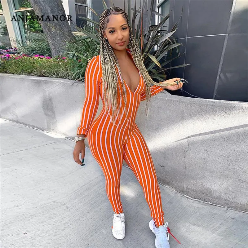 ANJAMANOR Orange Neon Striped Print Zip Long Sleeve Bodycon Jumpsuit Women One Piece Pants Sexy Club Outfits Fall 2019 D87-AD25 | Женская