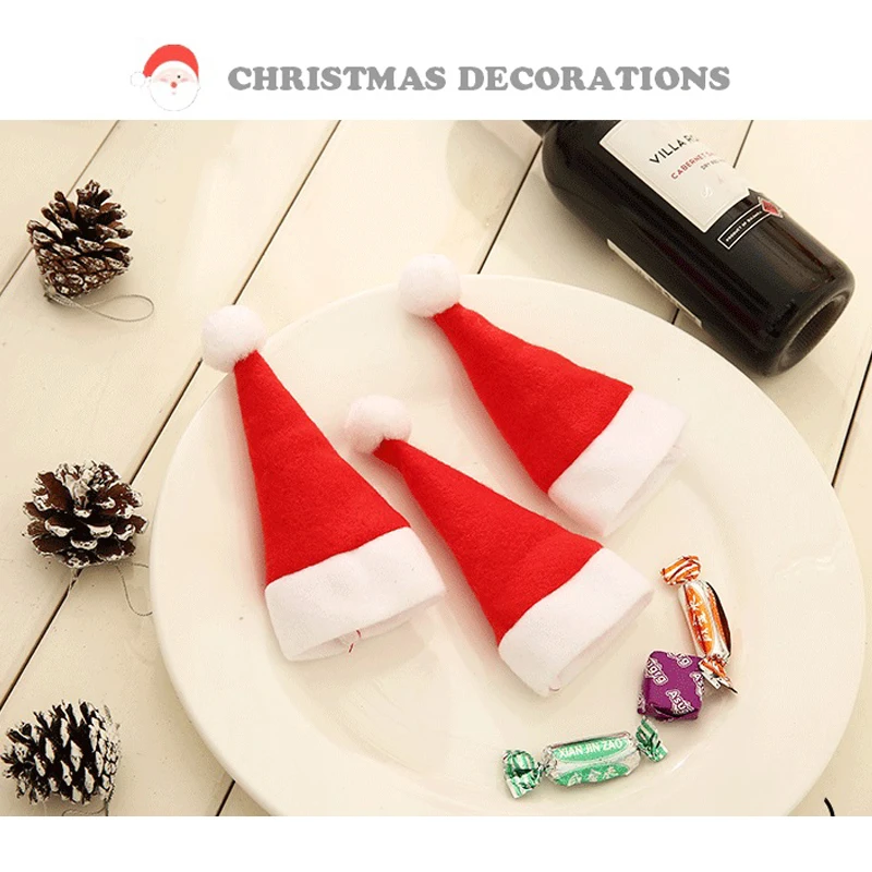 

10pcs/set New Year Hot Sale Mini Christmas Santa Claus Hat Lollipop Drink Top Topper Cover Festival Decor Small Cutlery Bag