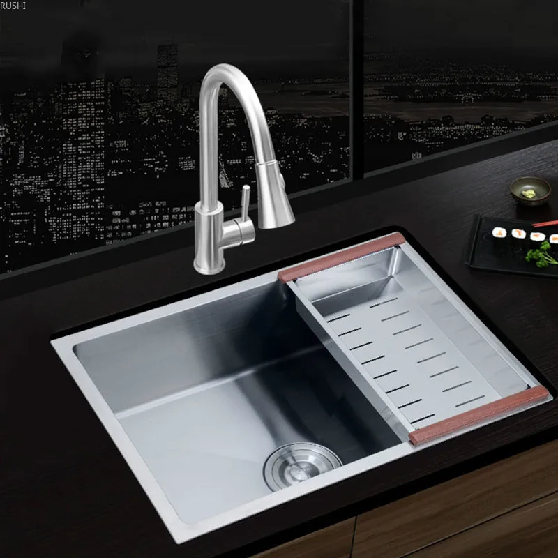 6 Sizes Available 4MM Thicken SUS304 Stainless Steel Handmade Sink Basin Kitchen Sink Set Metal Single Bowl Sink with Basket