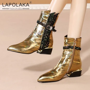 

Lapolaka 2020 New Design Genuine Cow Leather Bling Shoes Ladies Boots Female Comfy Zipper Shiny Trendy INS Luxury Booties Woman