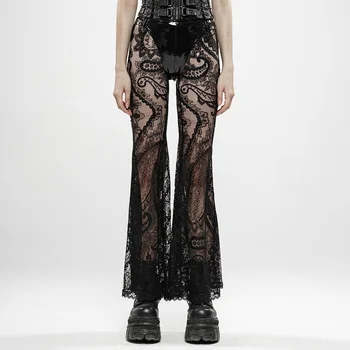 

PUNK RAVE Women Gothic Paisley Pattern Lace Transparent Trousers Elastic Vintage Rubber Waist Ribbon Wide Leg Flare Pants