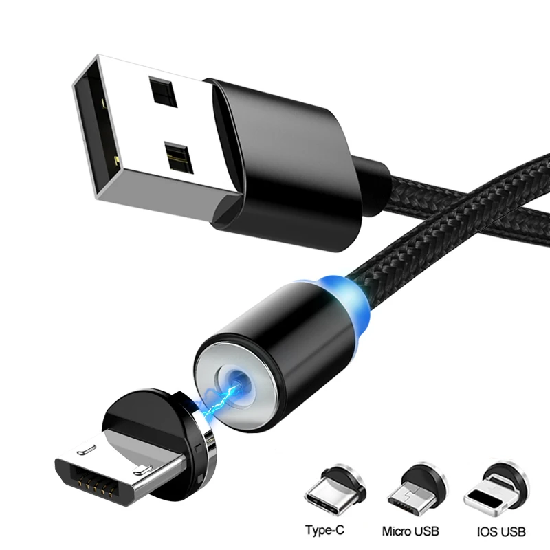 Магнитный кабель Micro USB type C 2.4A для быстрой зарядки светодиодный кабель для iPhone X huawei Xiaomi MI9 магнит USBC кабель для зарядного устройства type-C
