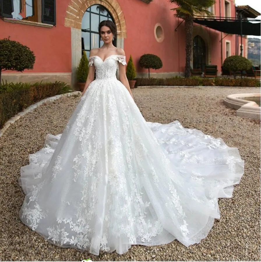 Sexy Boothals Lace Up Koninklijke Trein Trouwjurk 2020 Luxe Kralen Applicaties Prinses Bruid Gown Robe De Mariage