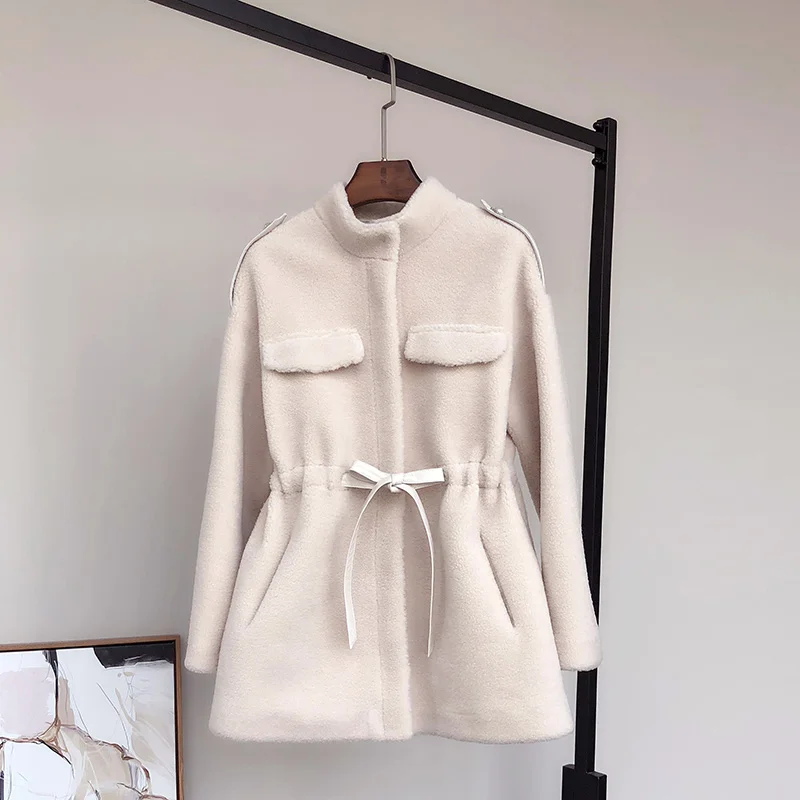beige Новая женская куртка из натурального овечьего меха с воротником из натуральной шерсти с поясом свободного размера плюс F1189 - Цвет: beige