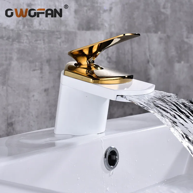 

Bathroom Gold Waterfall Faucets Deck Mounted Basin Mixer Tap Brushed Sink Tap Vanity Hot Cold Water Faucet Basin Mixer Taps 432