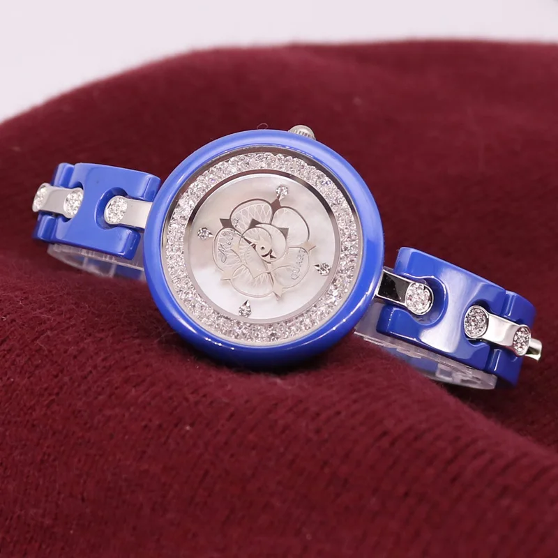Silver Blue Вращающийся цветок камелии Мелисса женские часы модный керамический браслет стразы роскошный кристалл девушка подарок на день рождения - Цвет: Silver Blue