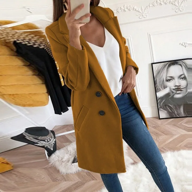 

2019 woolen coat autumn and winter women's sweater solid color lapel long button coat female