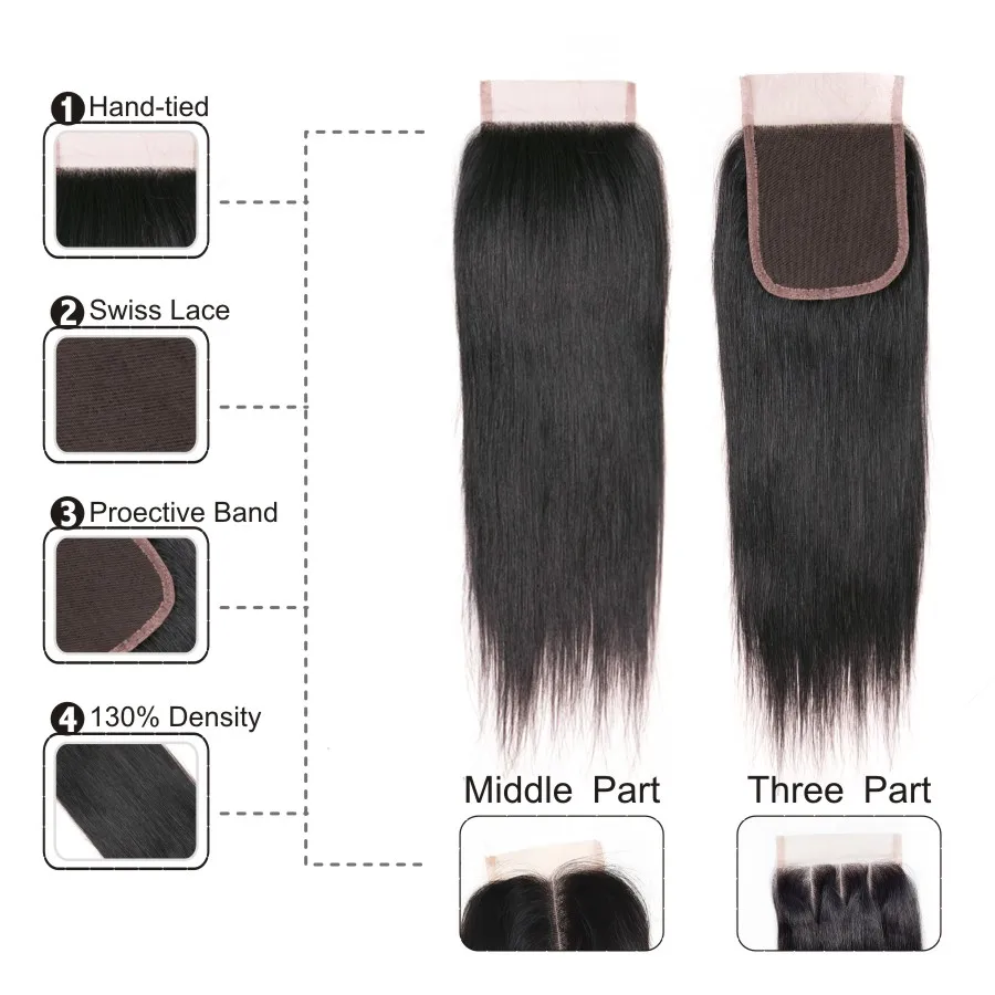  Alidoremi 5x5 closure with bundles Brazilian Straight Hair 3PCS Middle Free part 100% Human Hair No