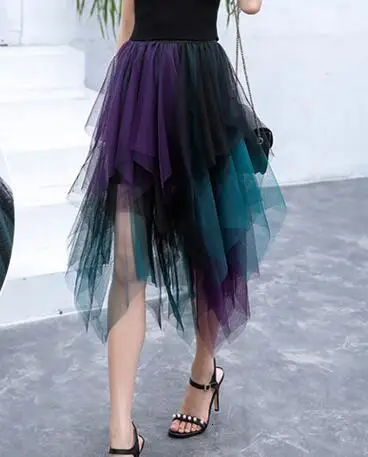 Purple LANMREM/Асимметричная юбка,, цветная сетка, пэчворк, а-силуэт, высокая талия, средняя длина, модная популярная юбка, весна, тренд PC377 - Цвет: Purple