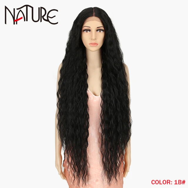 Nature Hair 38Inch Loose Wave Lace Wig Cosplay Ombre Blonde High Temperature Fiber Long Wavy Hair Synthetic Wigs For Black Women #1B