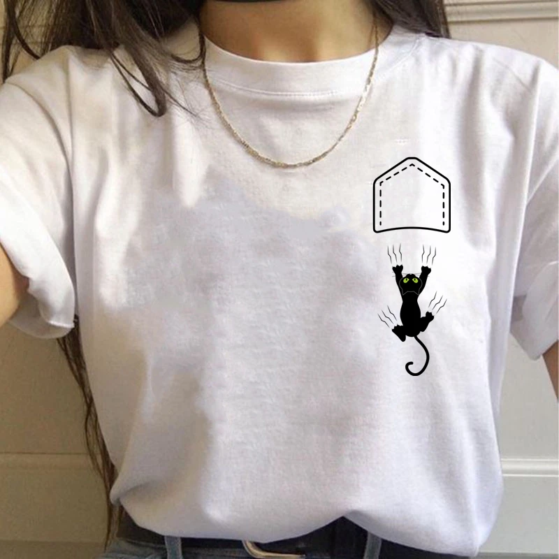 Maglietta semplice e carina da donna Maglietta oversize estiva Divertente tascabile Cartoni animati Stampa magliette Casual Manica corta O-Collo Tops861_voghion.com