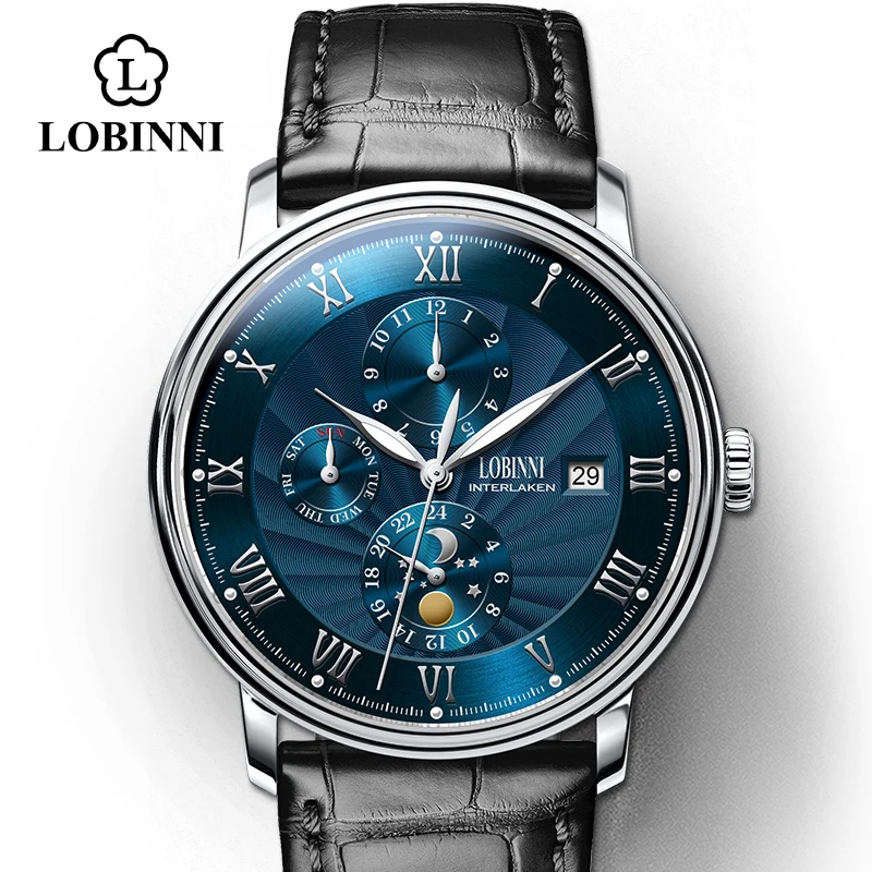 sliver-blue-black LOBINNI Чайка Move для мужчин t часы для мужчин автоматические механические мужские часы швейцарский роскошный бренд кожаный мужской скелет часы - Цвет: sliver-blue-black