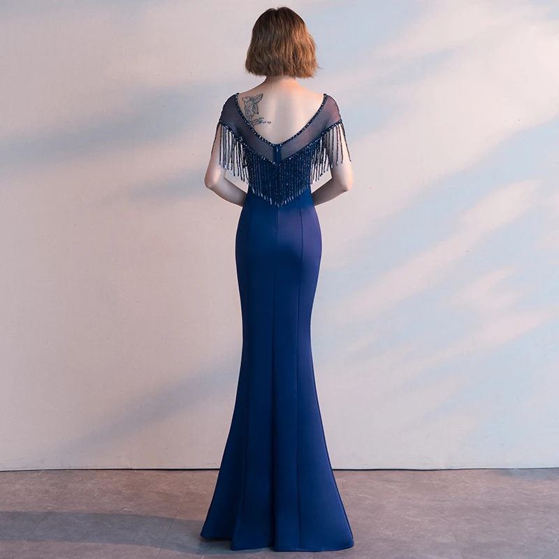 Русалка Леди синий длинный Vestidos Qipao сексуальное Макси платье Чонсам Новинка Платье с кисточками De Soiree Формальные Вечерние платья