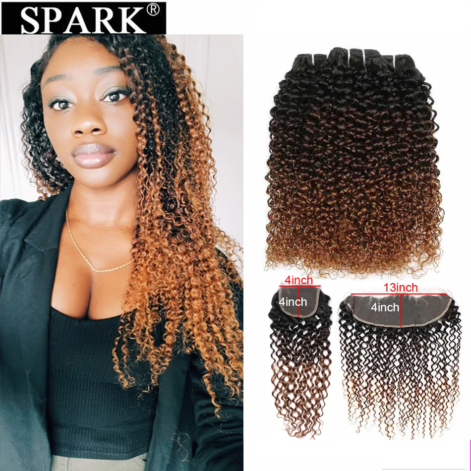 Spark Remy Ombre Human Hair Bundles With Frontal Brazilian Afro Kinky Curly Hair Human Hair Frontal With Bundles For Black Women