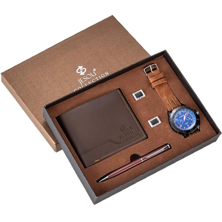 

Men Watches with box Leather Top Band Quartz Wrist Watch Gift Set Wrapped Watch Wallet Pen for Boyfriend for Dad Reloj Masculino