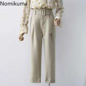 

Nomikuma Solid Color High Waist Ankle Length Suit Pants Women Sash Lace Up Straight Loose Trousers 2020 New Pantalones 3a807