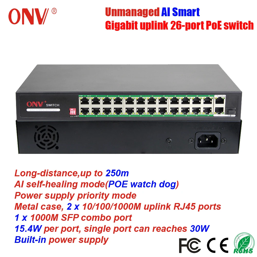 ONV неуправляемый гигабитный исходящий ИИ коммутатор PoE с 26 портами VLAN 250m передача
