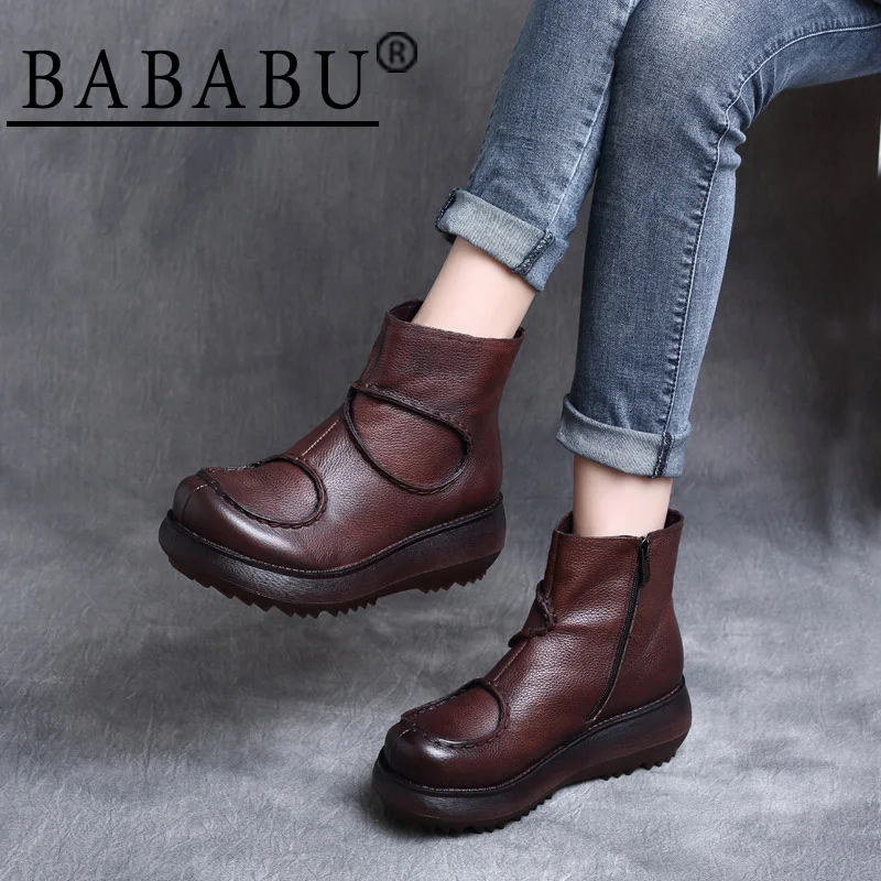 

2019 autumn and winter new retro leather side zipper platform slope with thick sole boots bare boots soft bottom boots