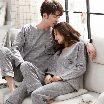 

Couple Pajamas Spring and Autumn Ladies Cotton Long-sleeved Cotton Korean Version Plus Size Men's Gray Suit Pyjama Homme Fashion