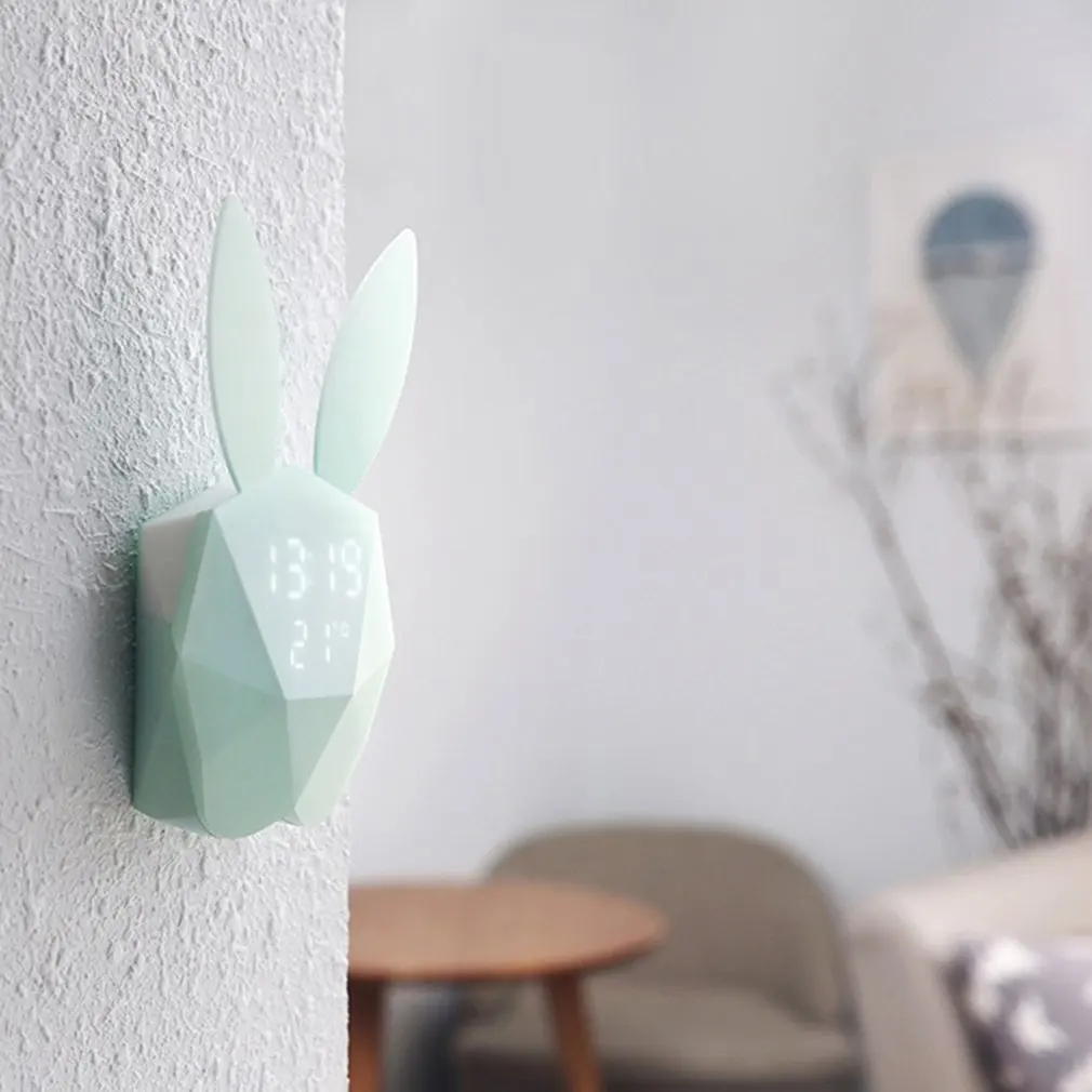 Creative Bunny Luminous Music Clock LED Night Voice Control Time Temperature Digital Display Function Clock for Adults Kids
