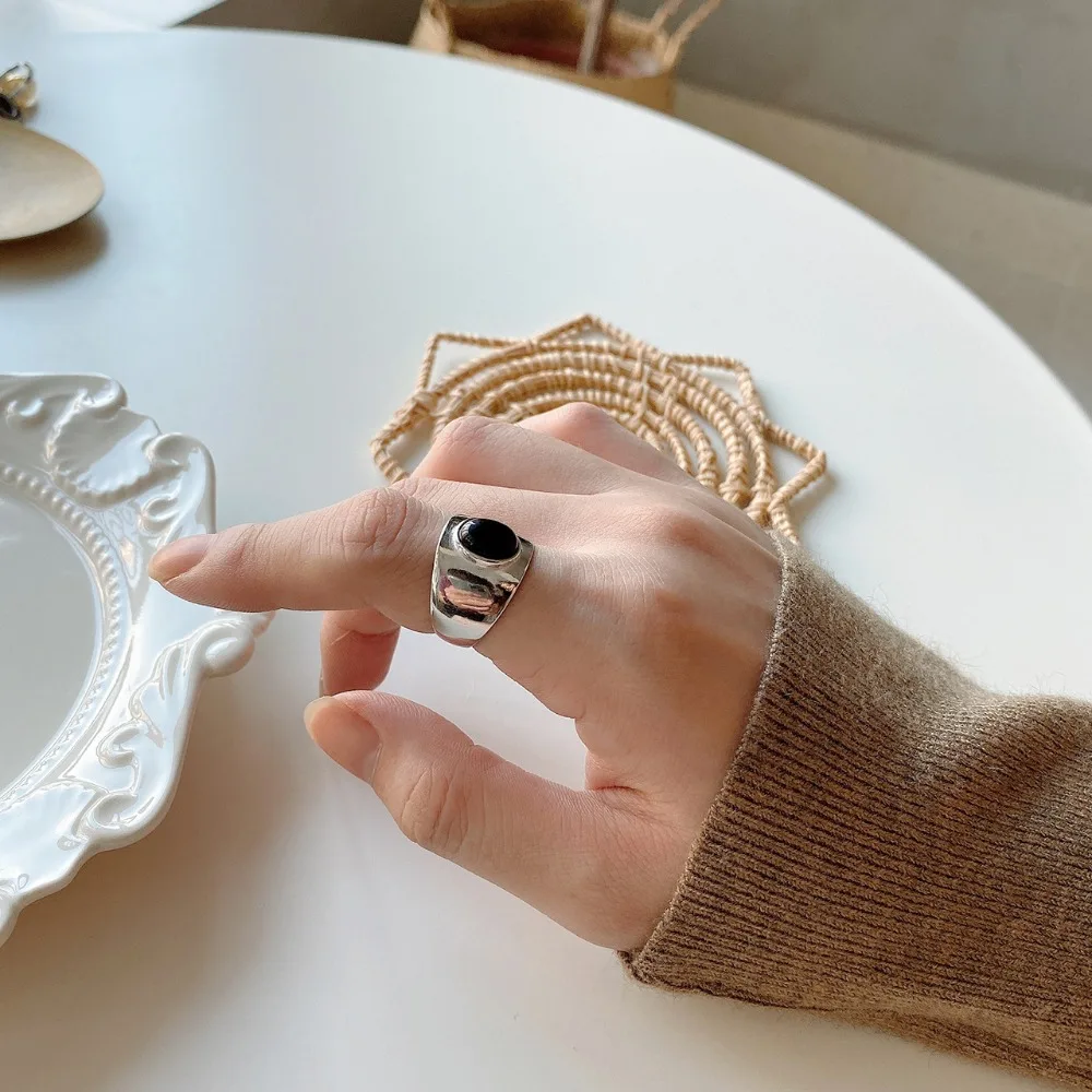 MLKENLY кольцо из стерлингового серебра S925, винтажное, старое, цветное, с широким зеркалом, отражающее, черный оникс, кольцо для девушек, Коктейльные, вечерние, de Plata