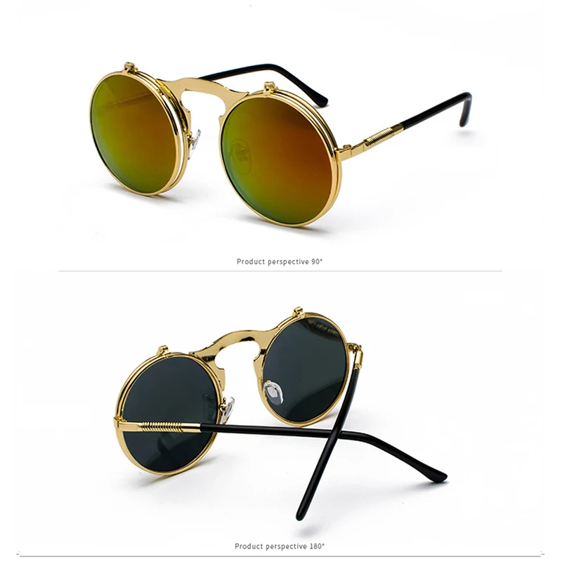 Новинка года; модные солнцезащитные очки в стиле стимпанк в винтажном стиле ретро; Круглые Солнцезащитные очки; Пружинистые дужки; раскладушка с двойными линзами; Eyewaer - Цвет линз: Gold Red Mirror