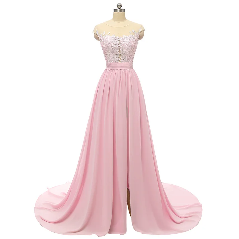 Robe De Soiree Формальное длинное вечернее платье для выпускного бала без рукавов с открытой спиной сексуальное шифоновое кружевное женское платье для свадьбы Вечерние - Цвет: Розовый
