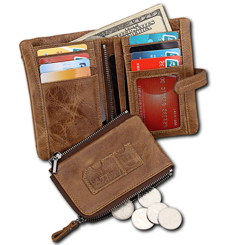

New Retro Short Wallet Cowhide Crazy Horse Wallets with Zipper Coin Purse Genuine Leather Pockets RFID Card Holders Wallet