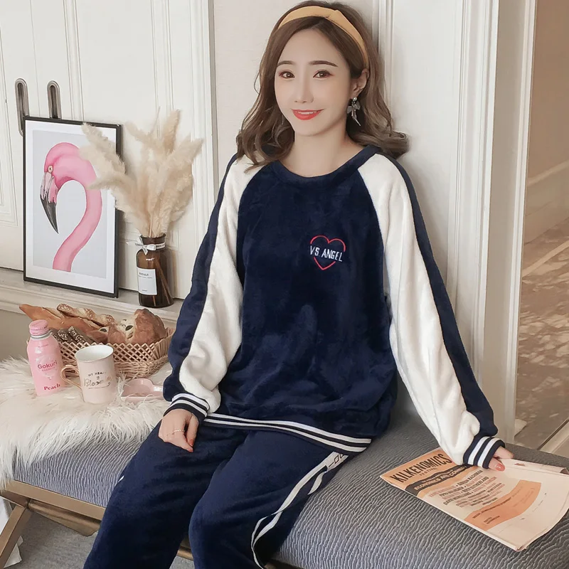 Casual Striped Thick Warm Flannel Pajamas Sets For Women Winter Long Sleeve Coral Velvet Pyjama Sleepwear Homewear Clothing - Цвет: 2813