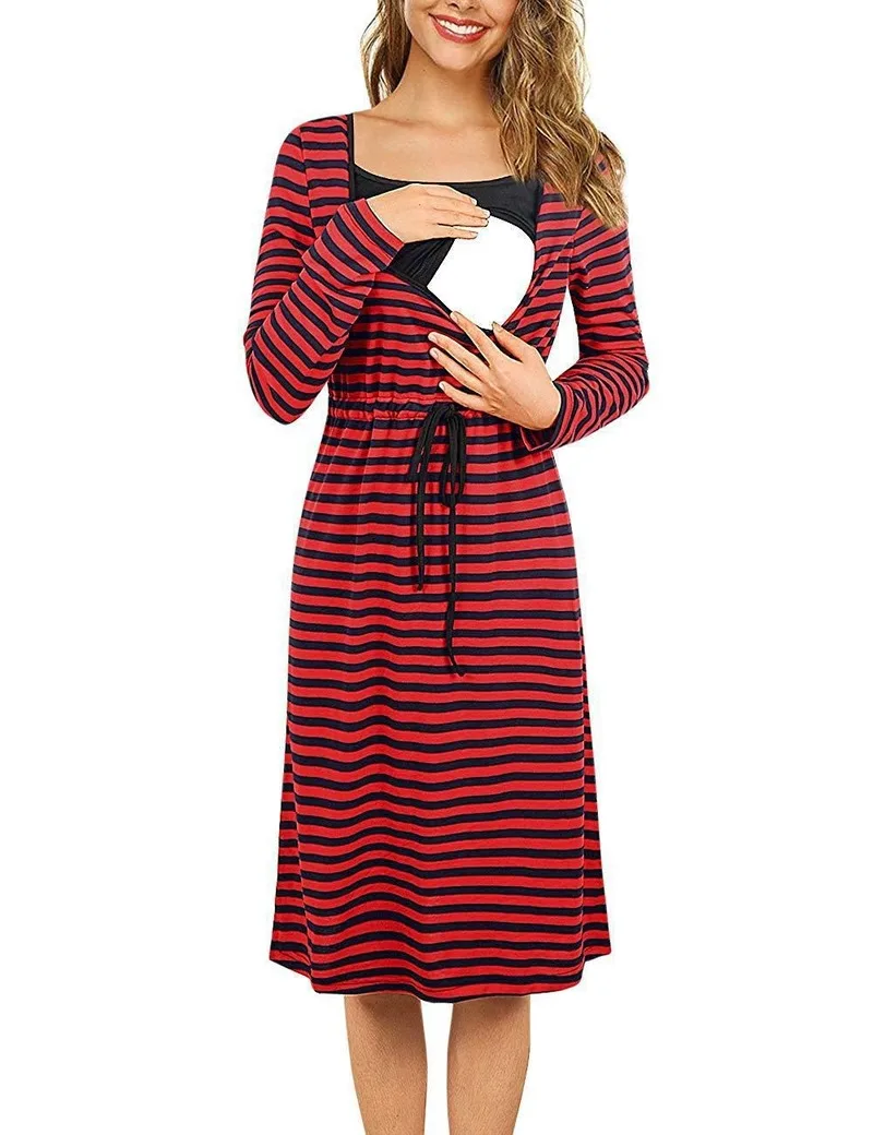 Pregnant Woman Dress Autumn and winter long striped breastfeeding home Fashion maternity dress