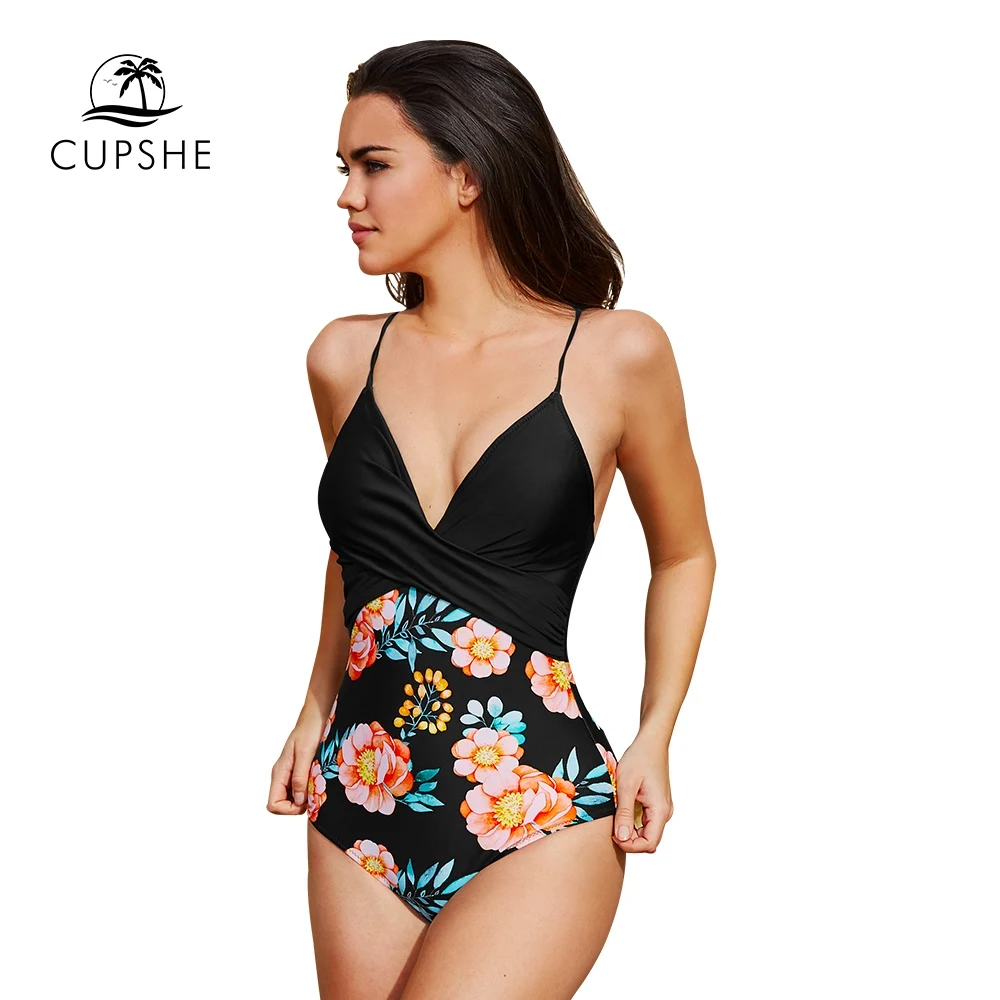 CUPSHE черный и цветочный v образный вырез Цельный купальник сексуальный открытая