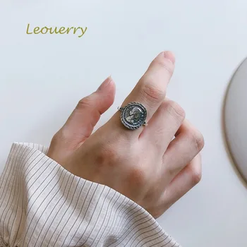 

Leouerry 925 Sterling Silver Vintage Elizabeth Emboss Figure Rings Antique Silver Round Coin Opening Rings for Women Jewelry