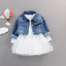 Платья для маленьких девочек весенне-осенние платья принцессы с длинными рукавами+ джинсовое пальто Детская одежда От 0 до 4 лет, E91103