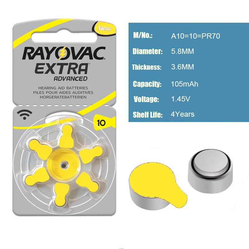 Батареи для слуховых аппаратов 60 шт/1 коробка RAYOVAC EXTRA-A10/PR70/PR536 цинковый воздушный аккумулятор 1,45 в Размер 10 диаметр 5,8 мм толщина 3,6 мм