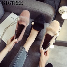 Меховые лоферы; черная обувь для женщин; обувь на плоской подошве; женская роскошная дизайнерская обувь для женщин с жемчугом; chaussures femmes automne hiver; большие размеры