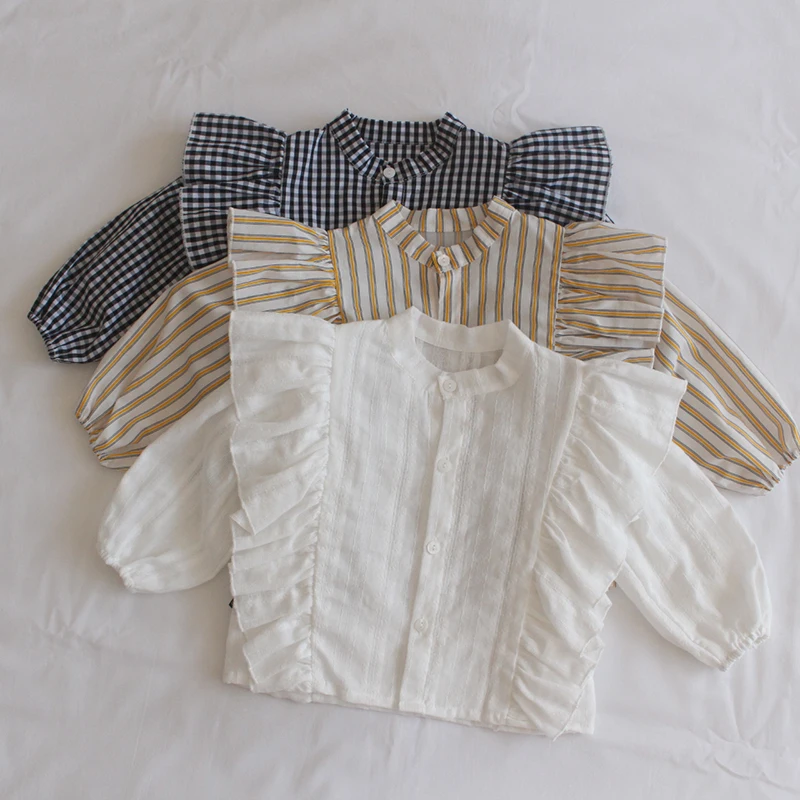 Kids Shirts Autumn Baby Girls Ruffles Princess Blouses Plaid Striped Long Sleeve Tops Korean Style Toddlers Kids Clothes Infants